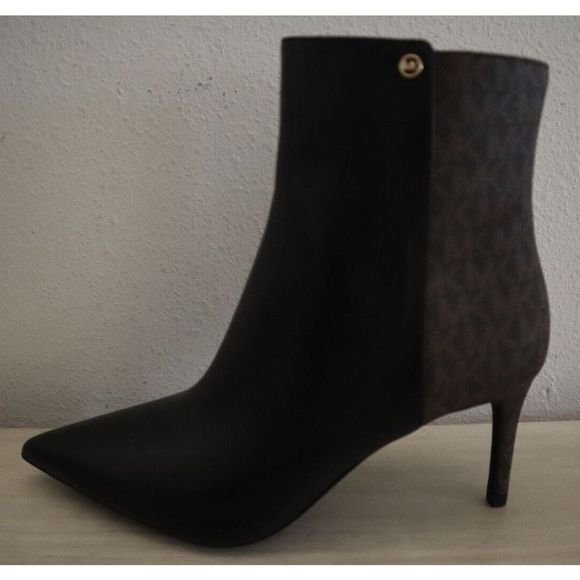 Michael Kors Women Sz 7.5 Black/Brown Logo Print Alina Flex Leather Booties - Picture 6 of 12